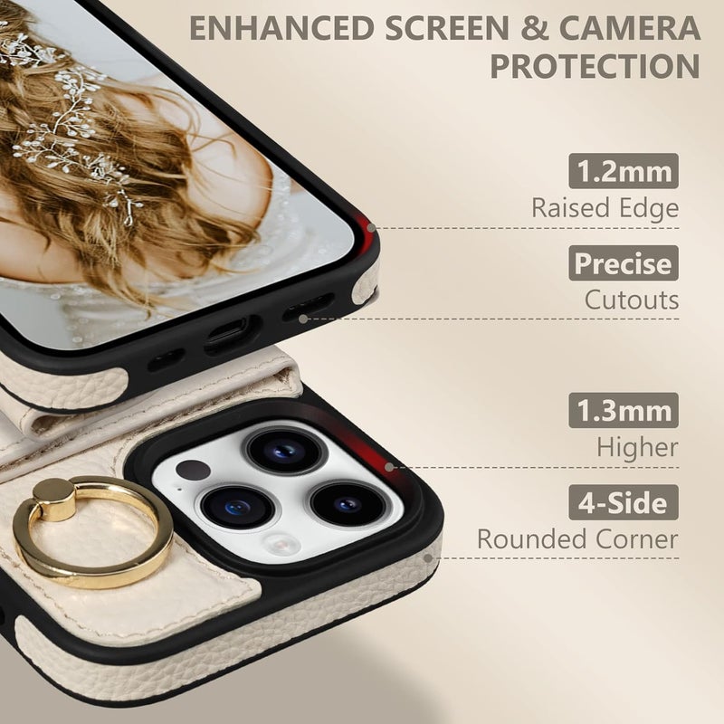 Keallce Wallet Case for iPhone 16 Pro Max 6.9'', Flip Case with Card Slots, Ring Holder Kickstand, PU Leather Protective Folio Cover for Women, Beige - Image 3